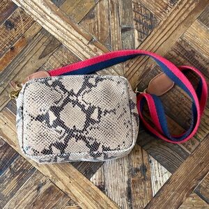 Clare V. Snakeskin Crossbody Bag with Red and Blue Strap